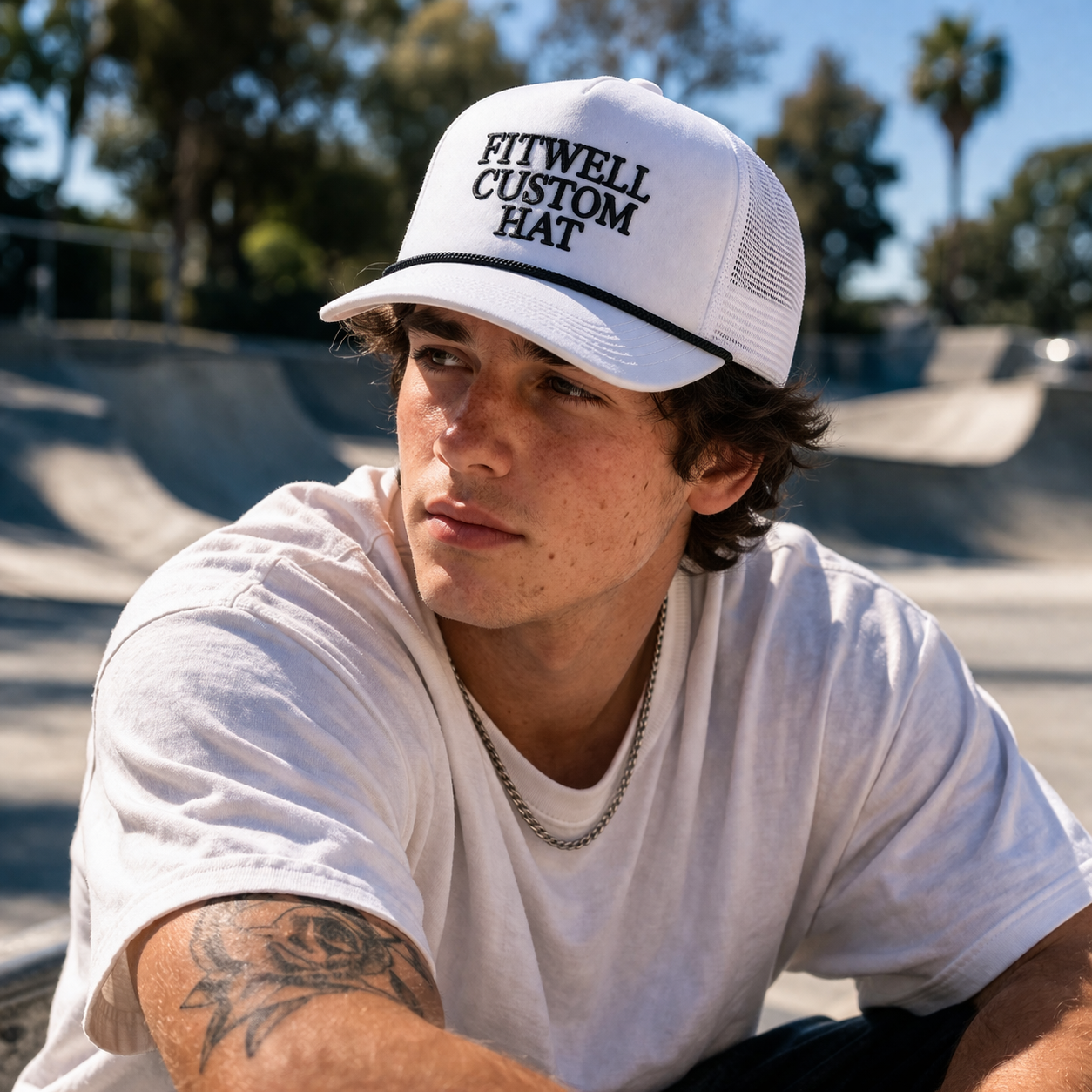 White Slogan Foam Trucker Cap with Mesh Back and Rope Detail