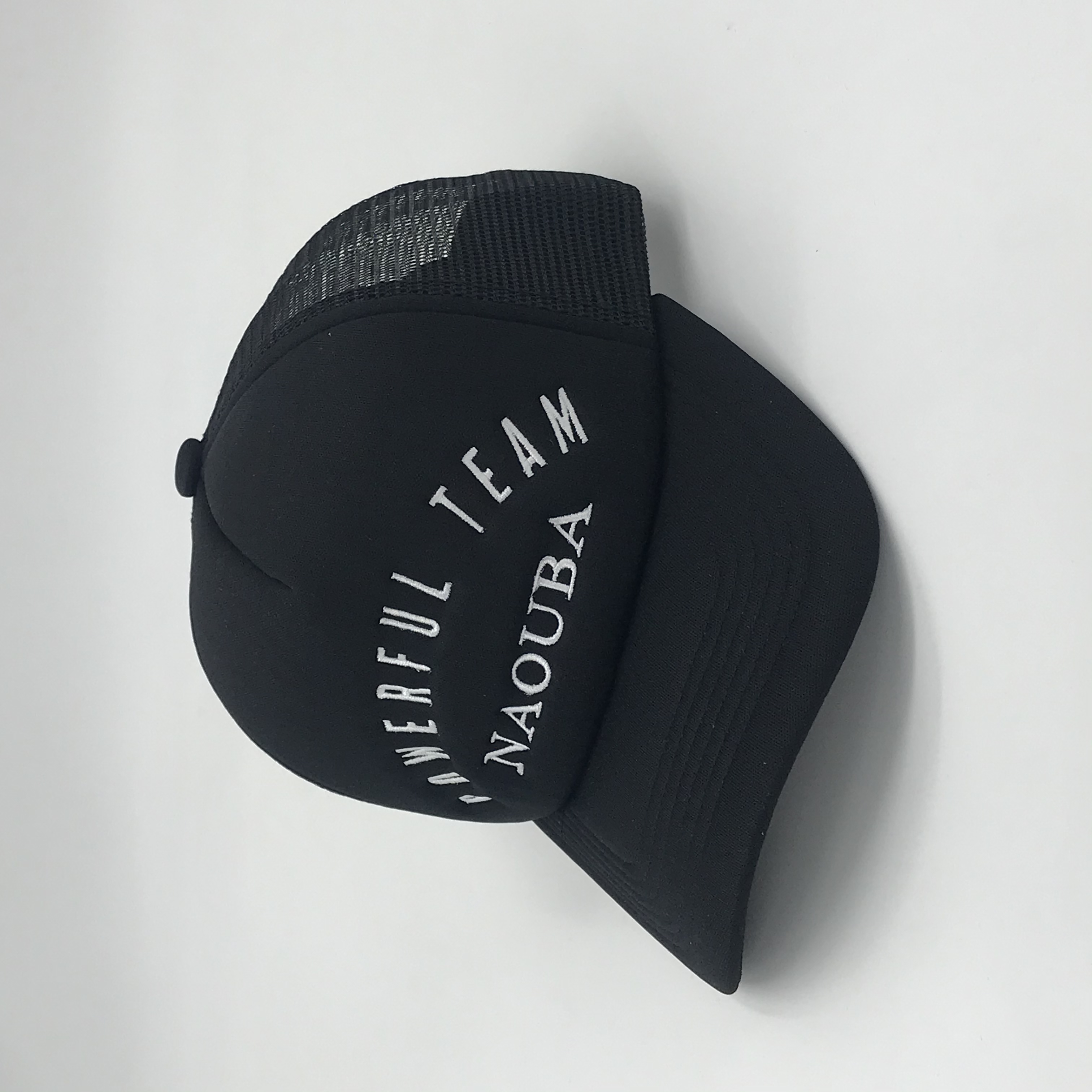 Black Mesh Back Curved Brim Trucker Cap with Embroidered Letter Design