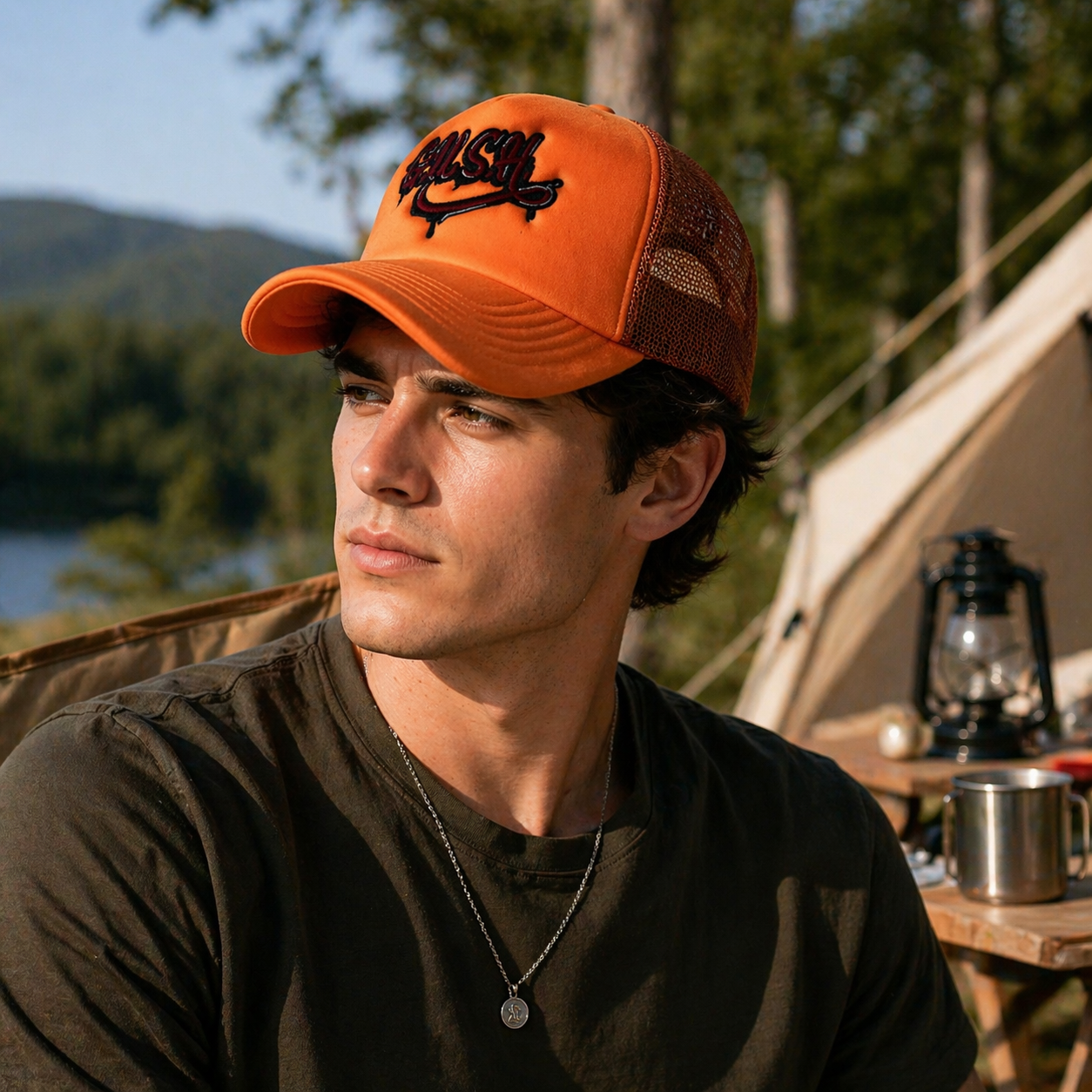 Orange Mesh Back Trucker Cap with Embroidered Letter Logo 5 Panel Snapback Hat