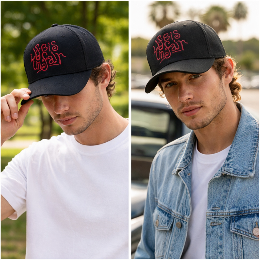 Stylish Black Embroidered Trucker Hat with Red Lettering