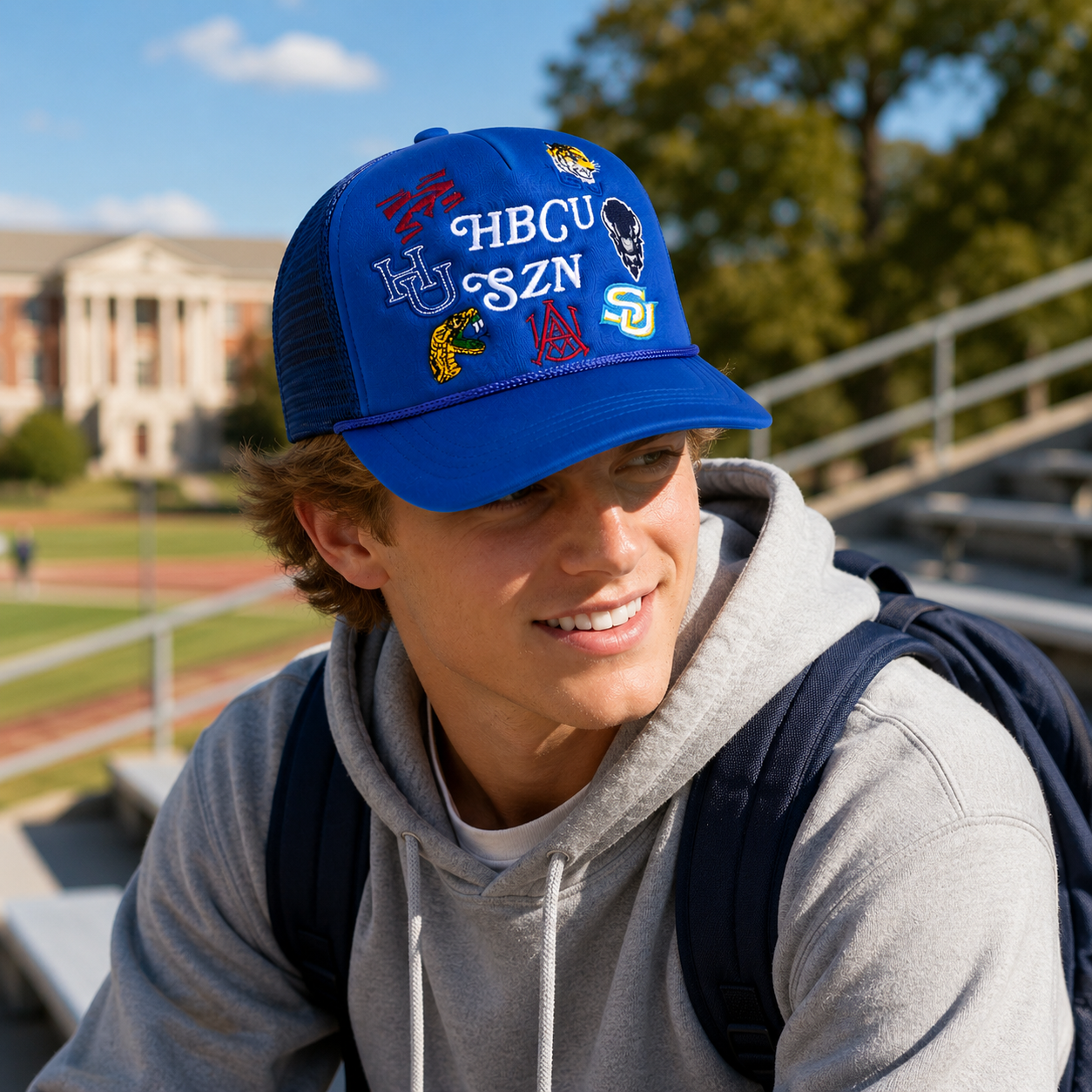 Royal Blue HBCU Multi Logo Embroidered Foam Trucker Hat with Rope Detail