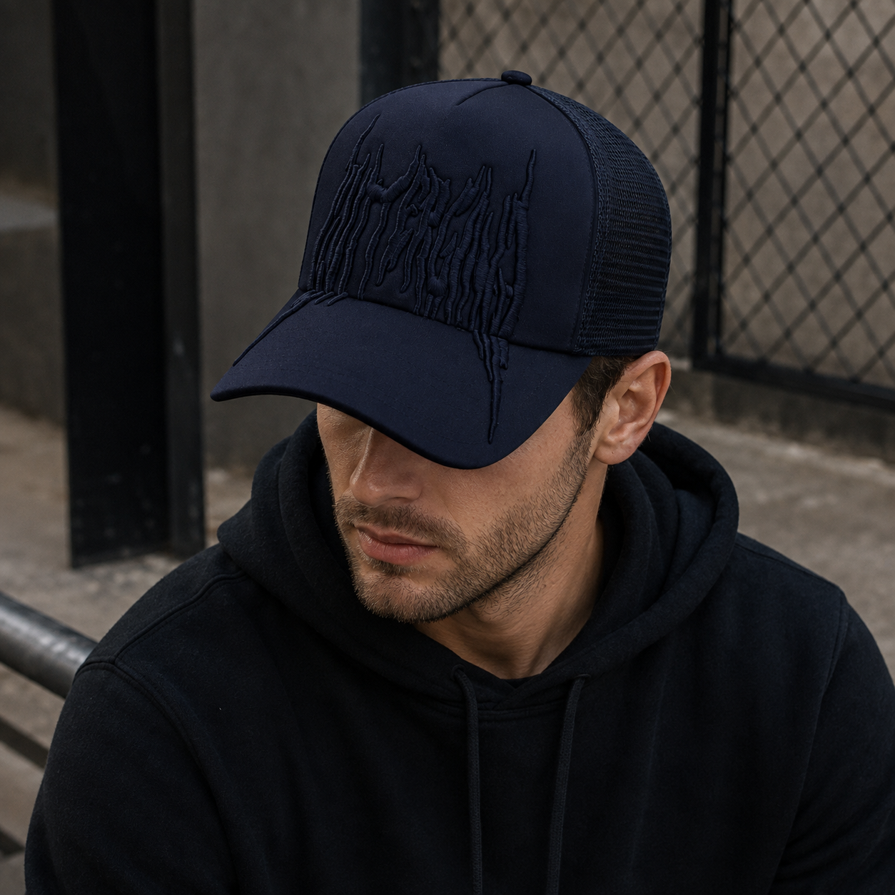 Midnight Black Tonal Gothic Flame Embroidered Mesh Trucker Cap