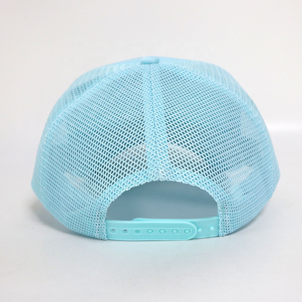 Light Blue Script Logo Mesh Trucker Cap with Curved Brim