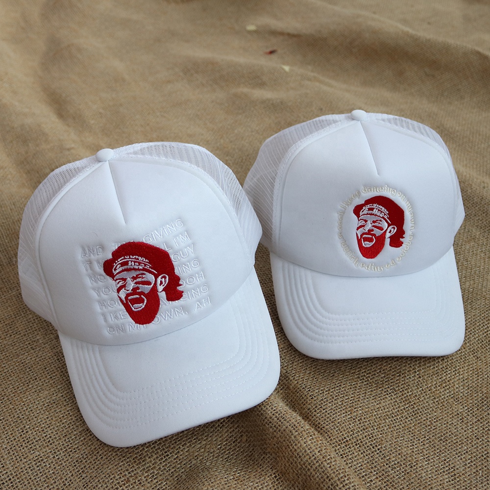 White Foam Front Mesh Back Trucker Cap with Embroidered Graphic Logo