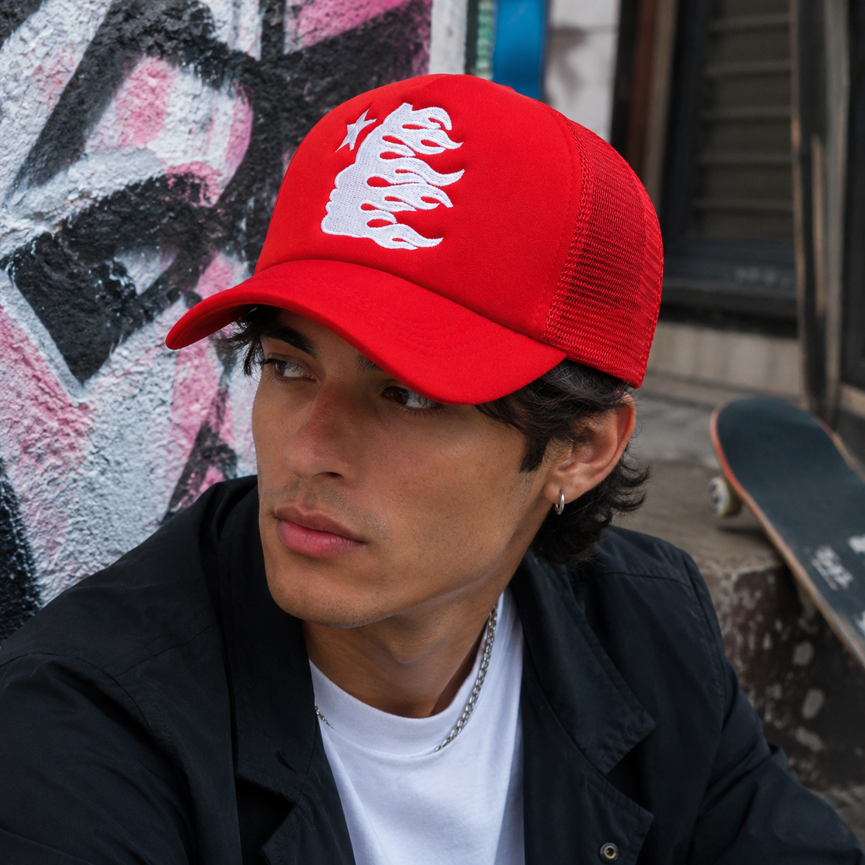 Flame Star Foam Mesh Trucker Hat with White Flat Embroidery