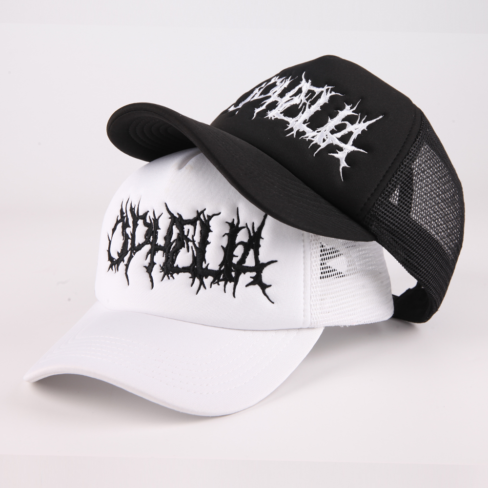 Black and White Foam Trucker Hat with Gothic Embroidered Logo and Mesh Back Design