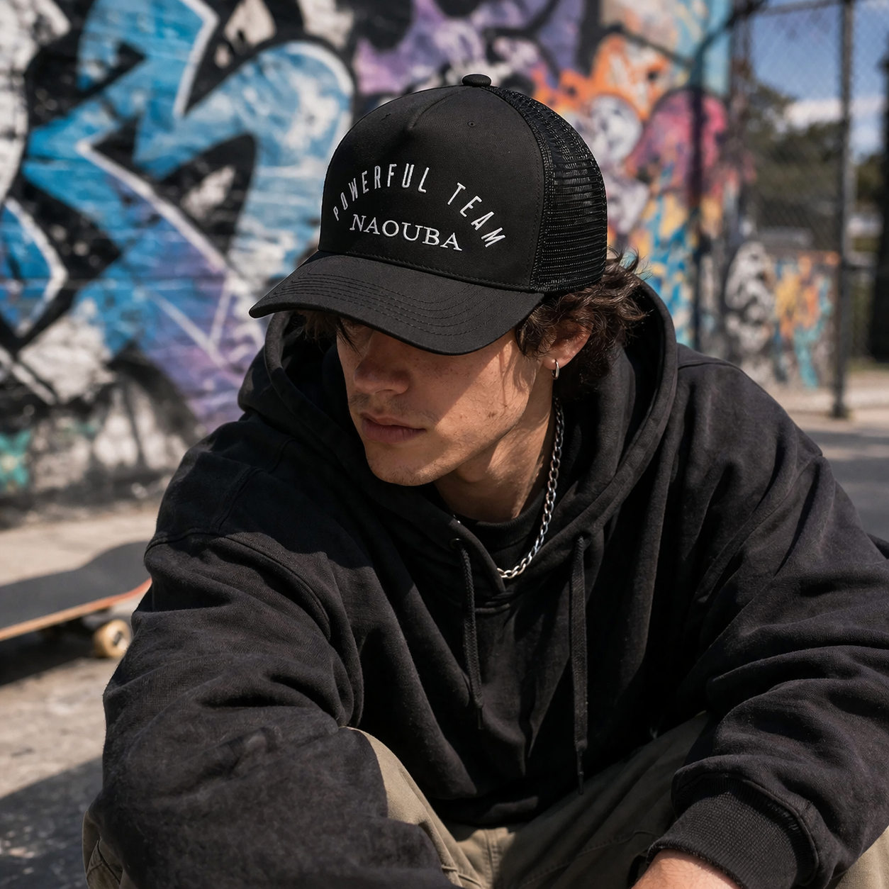 Black Mesh Back Curved Brim Trucker Cap with Embroidered Letter Design