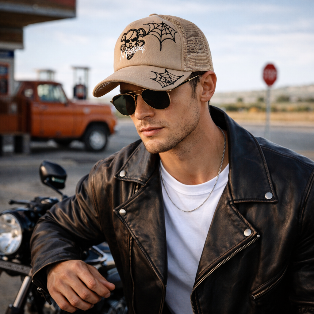 Pink and Khaki Skull Spider Web Mesh Trucker Cap