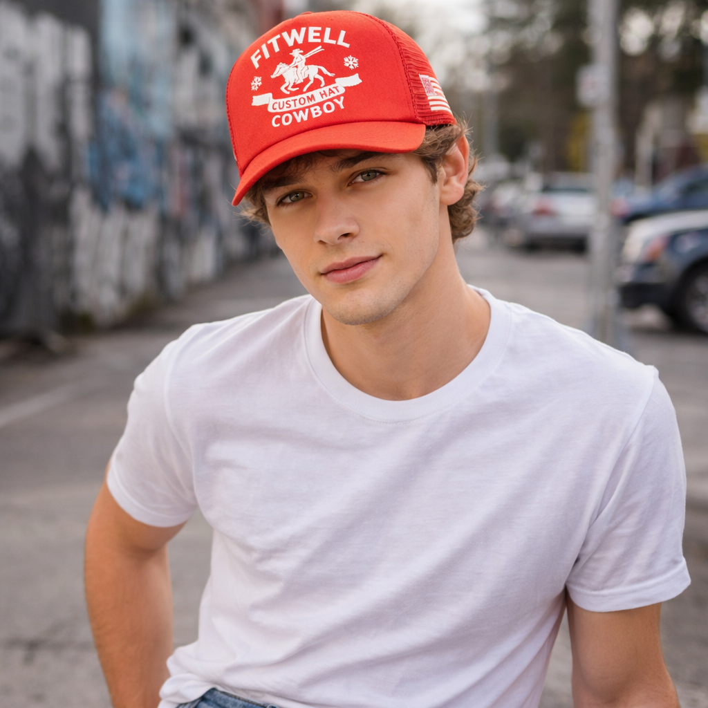 Canyon Cowboy Red Mesh Trucker Cap – Western 5-Panel Snapback Hat