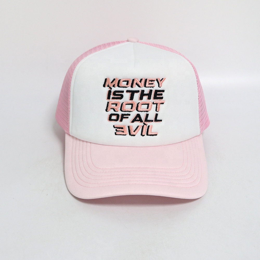 Pink and White Slogan Embroidered Mesh Trucker Cap