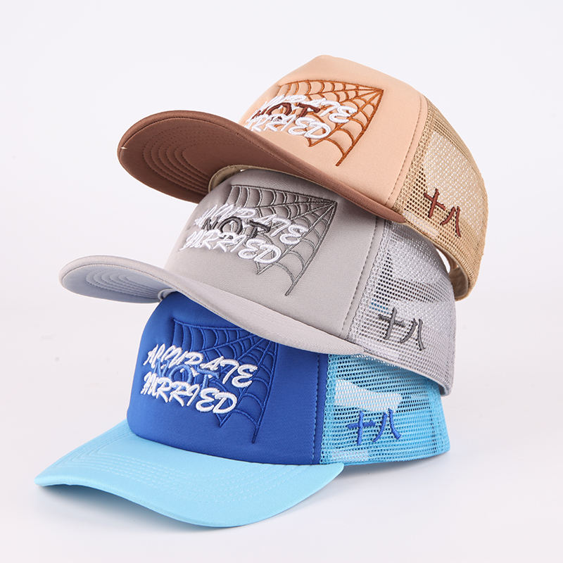 Color-Block Five-Panel Foam Mesh Cap with Script Embroidery