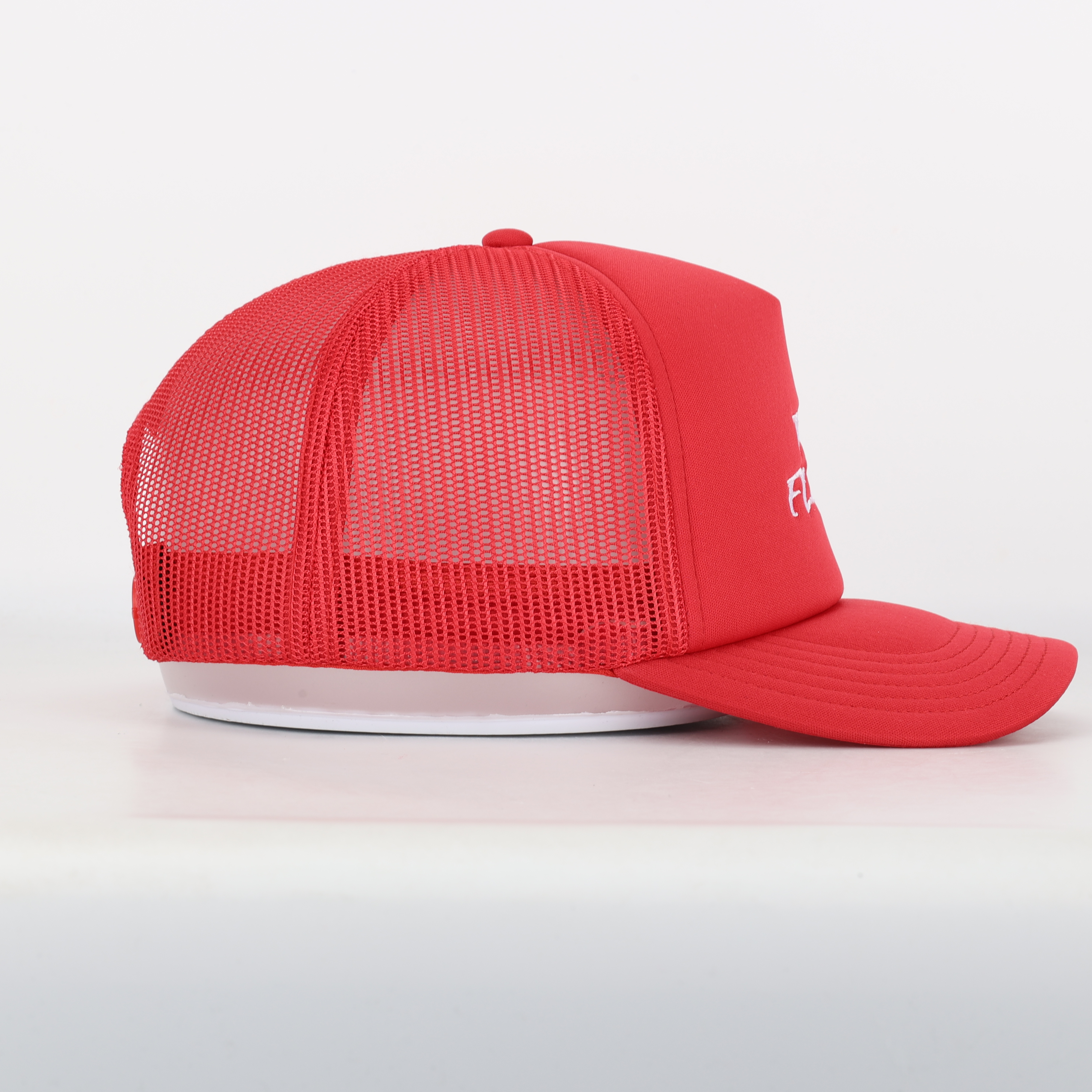 Red Mesh Trucker Cap with White Script Logo