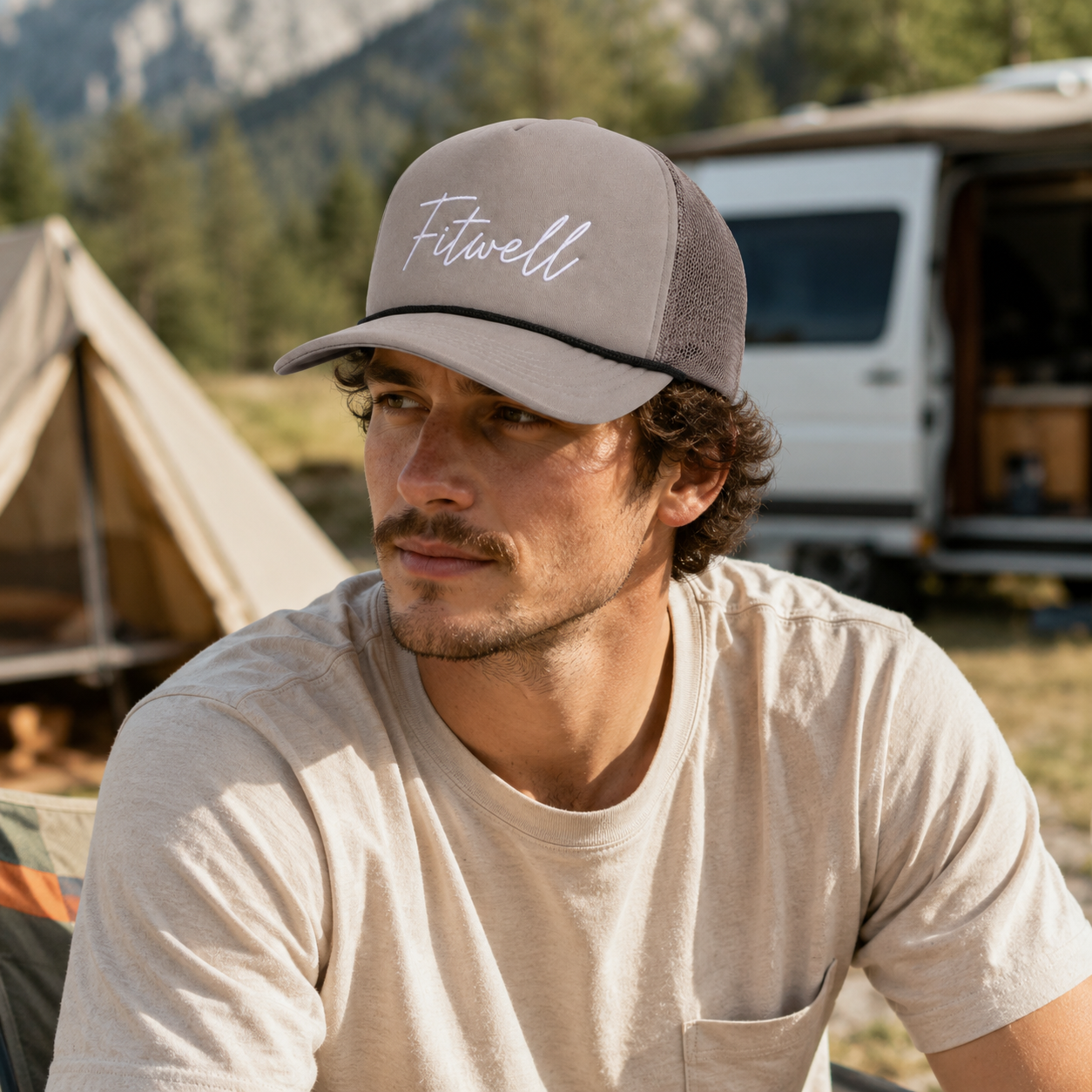 Karl Taupe Foam Mesh Trucker Hat with Flat Embroidery
