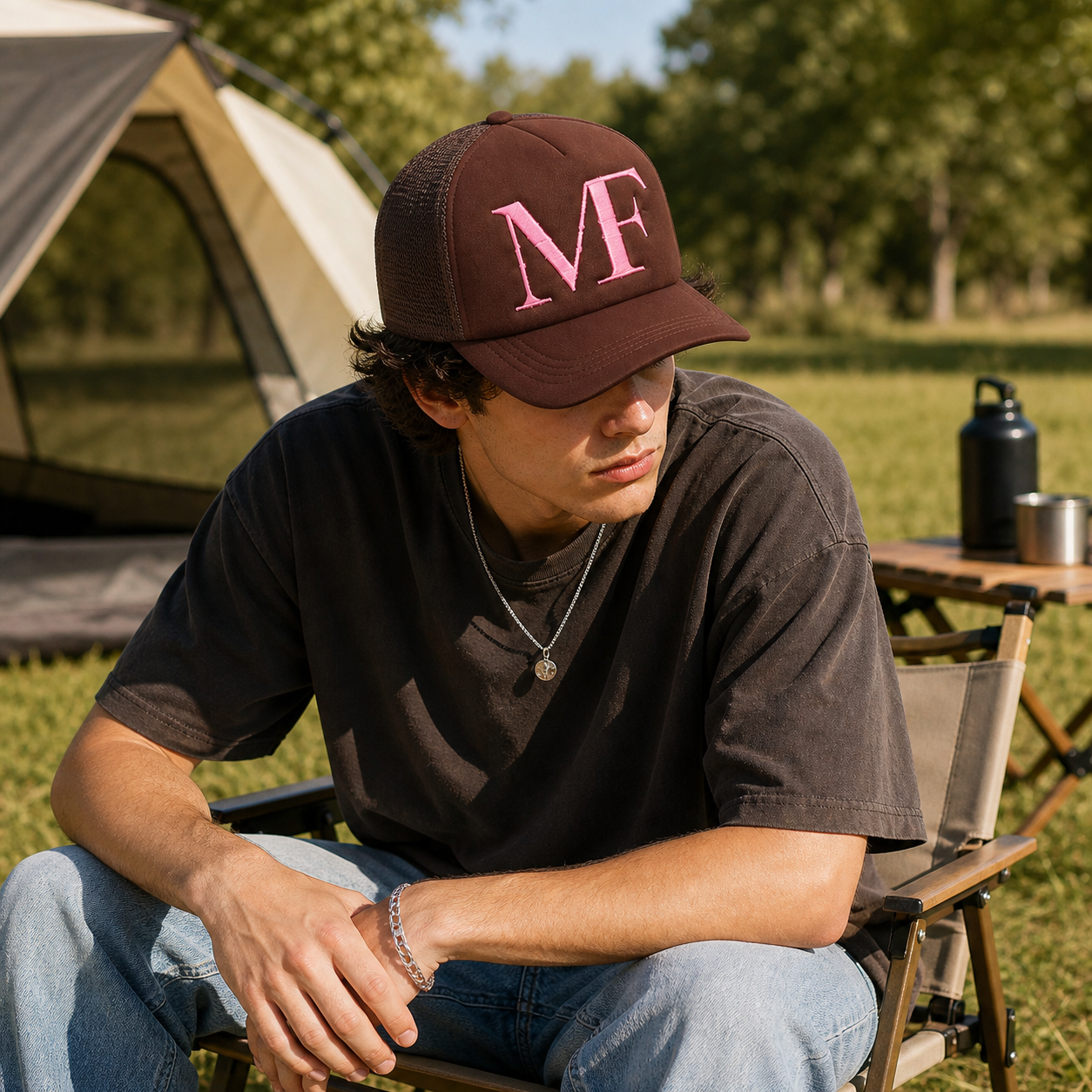 MT Name First Brown & Black 5-Panel Mesh Trucker Hat with Flat Embroidery