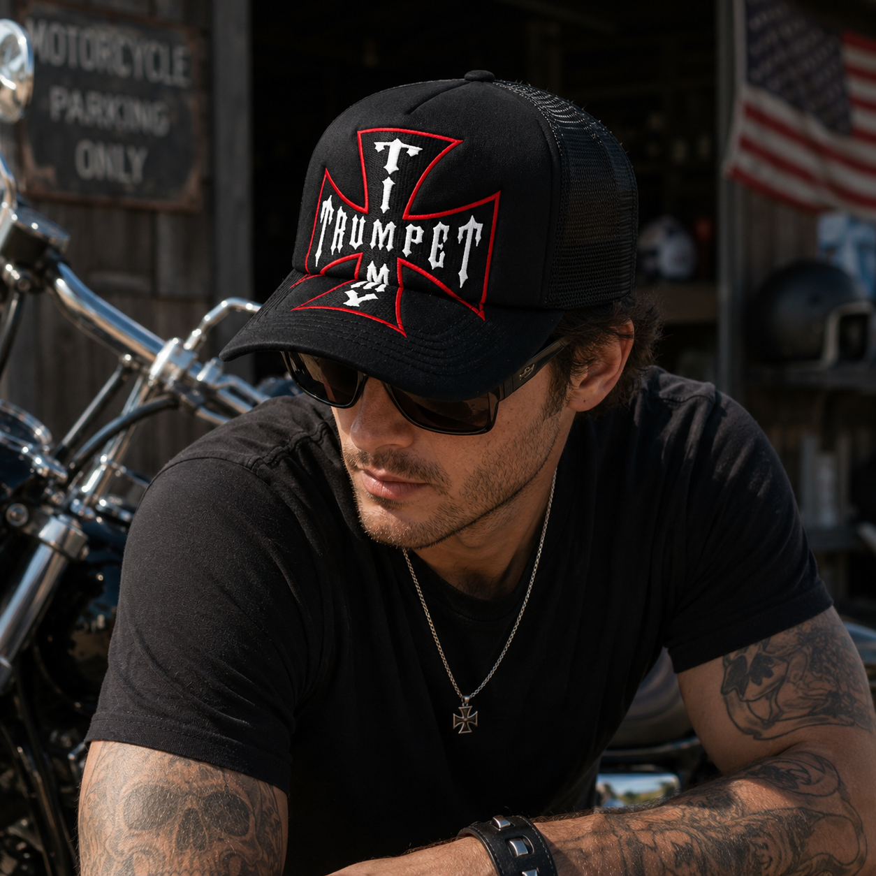Black Trumpet Cross Embroidered Five-Panel Mesh Trucker Cap