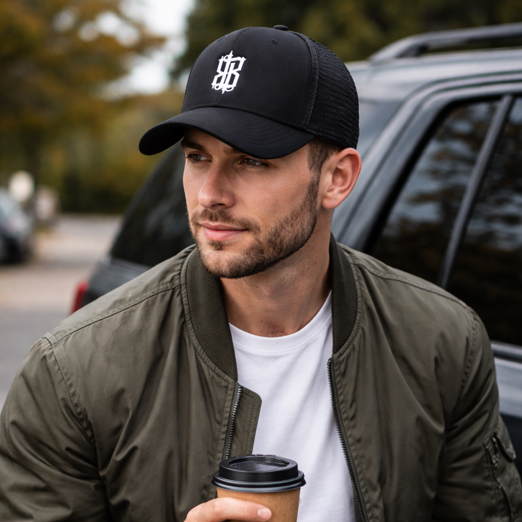 Black Mesh Trucker Cap with Embroidered Logo Breathable Snapback Hat
