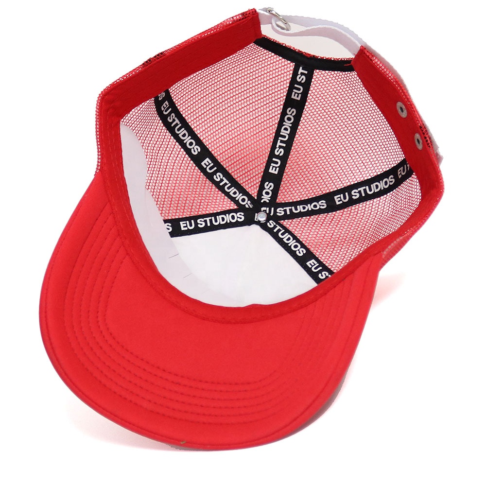 Red and White Foam Trucker Hat with Bold University Embroidery