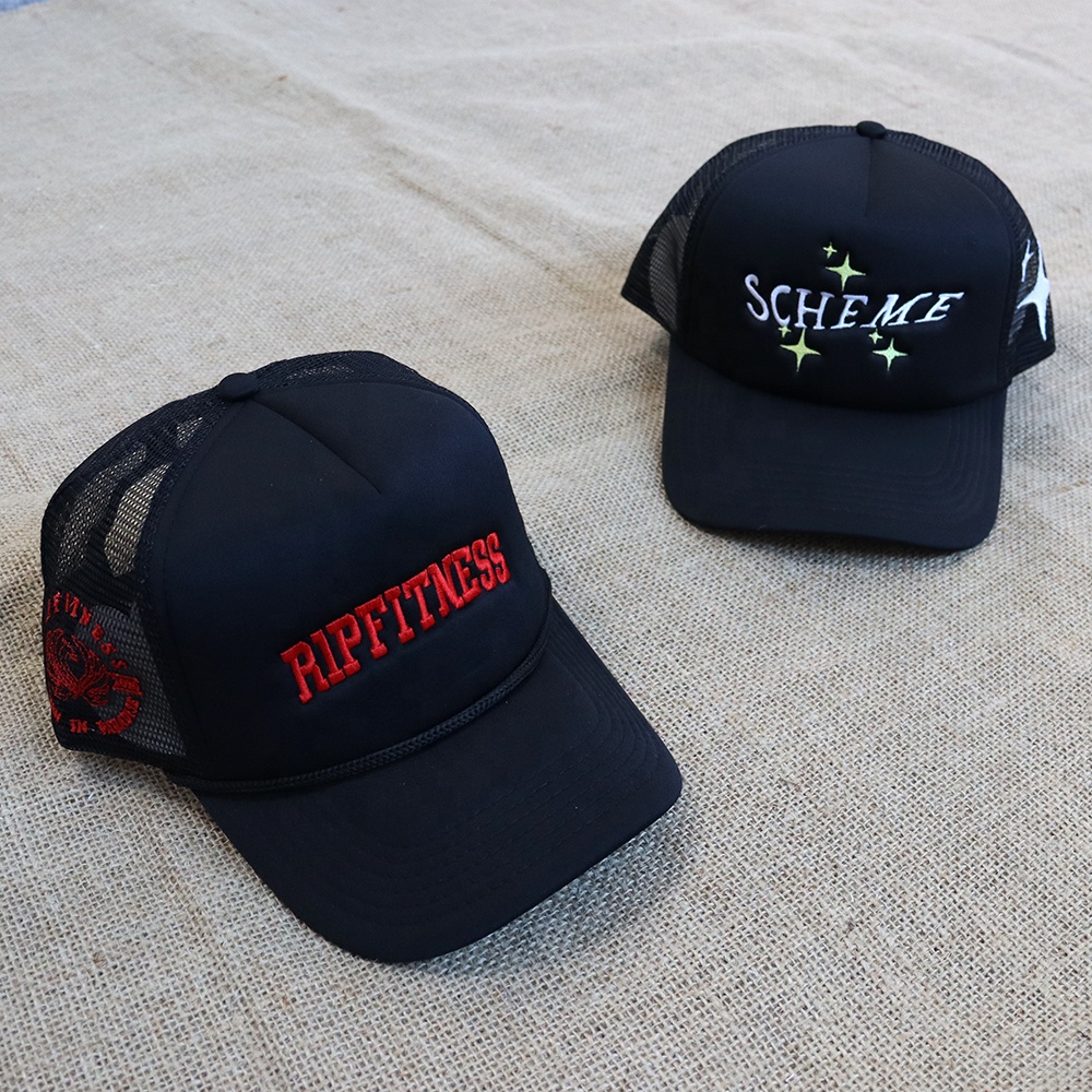 Black Foam Mesh Trucker Cap with RIPFITNESS & SCHEME Embroidered Logo