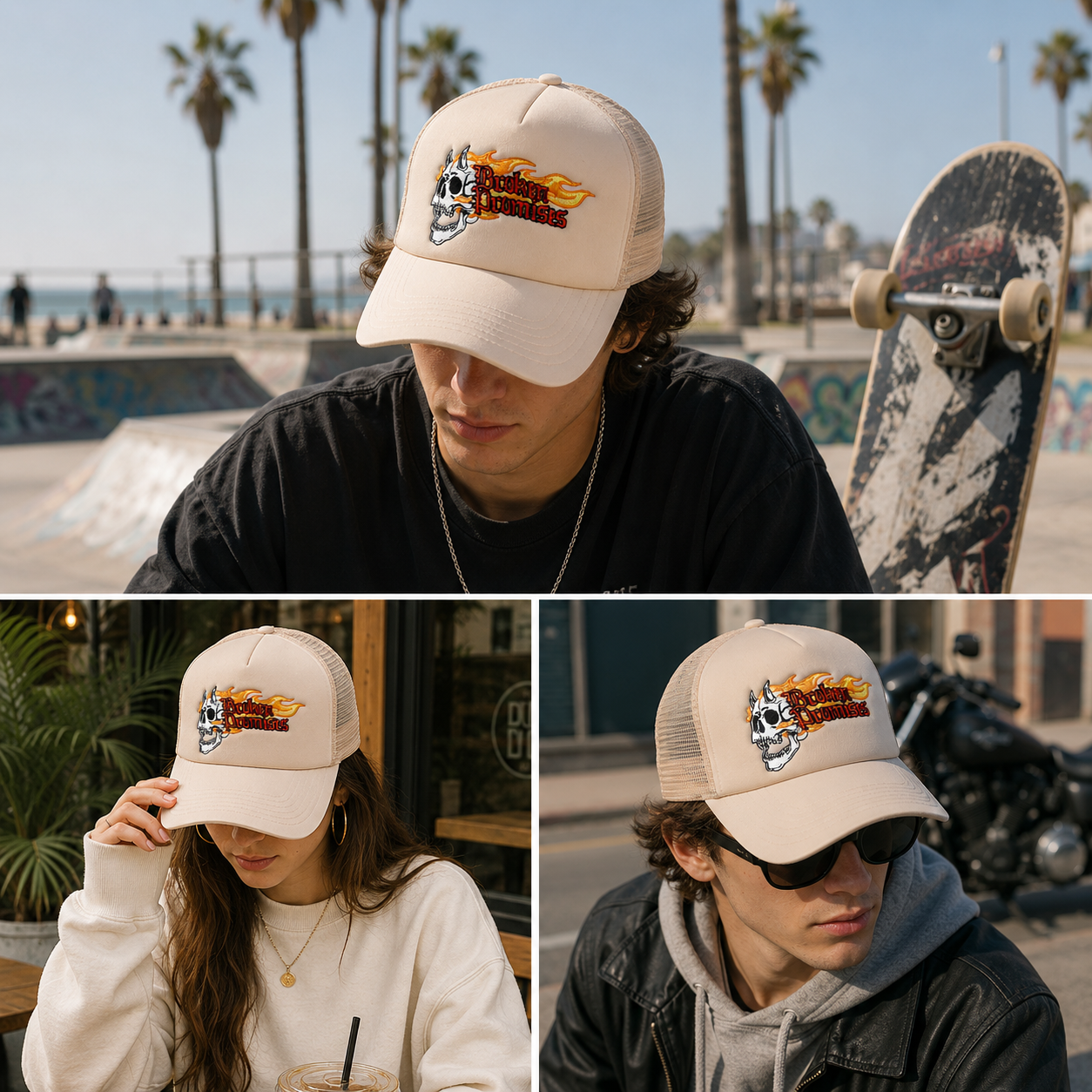 Skull Flame Embroidered Foam Mesh Trucker Cap