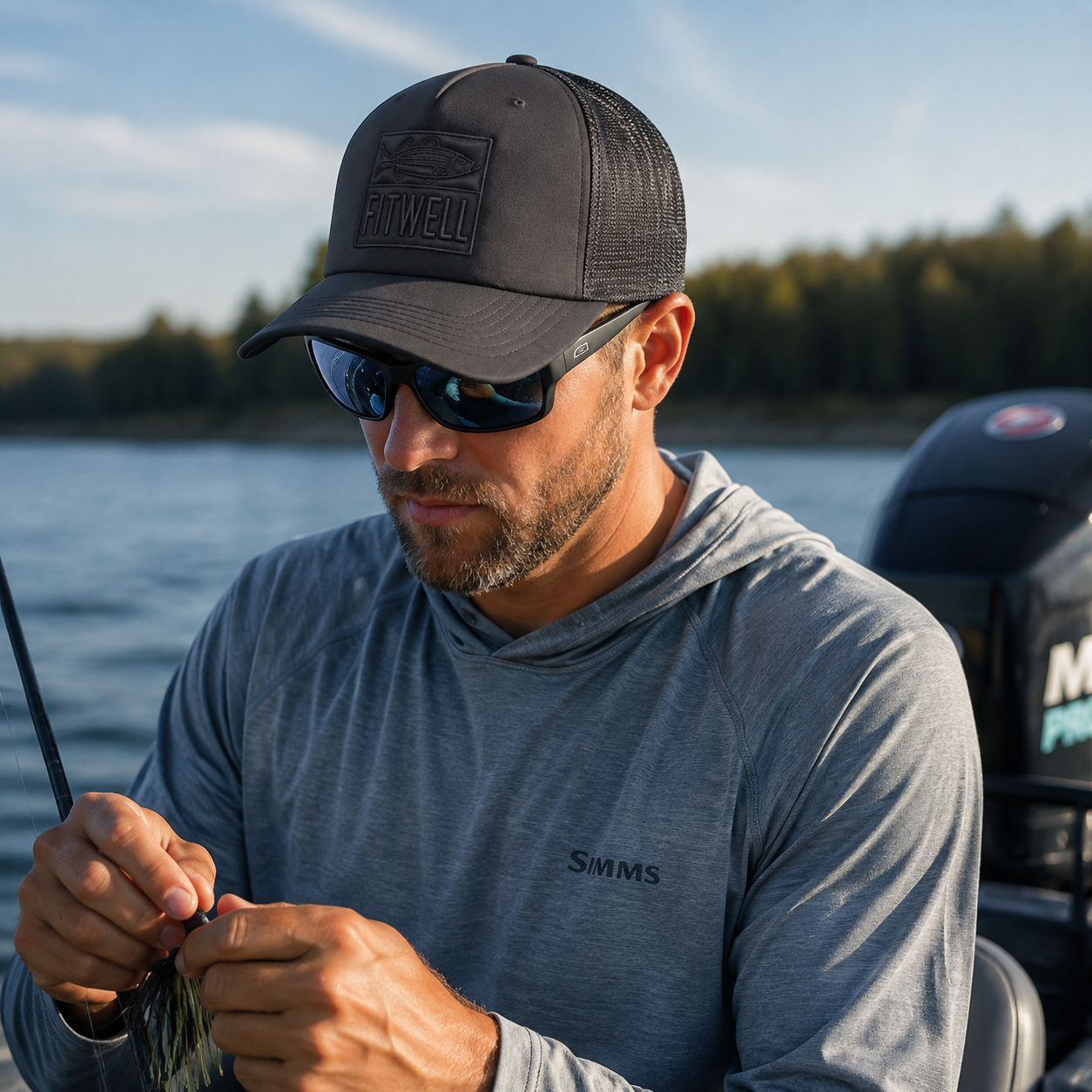 Black Foam Mesh Trucker Hat with Tonal Fish Patch Embroidery
