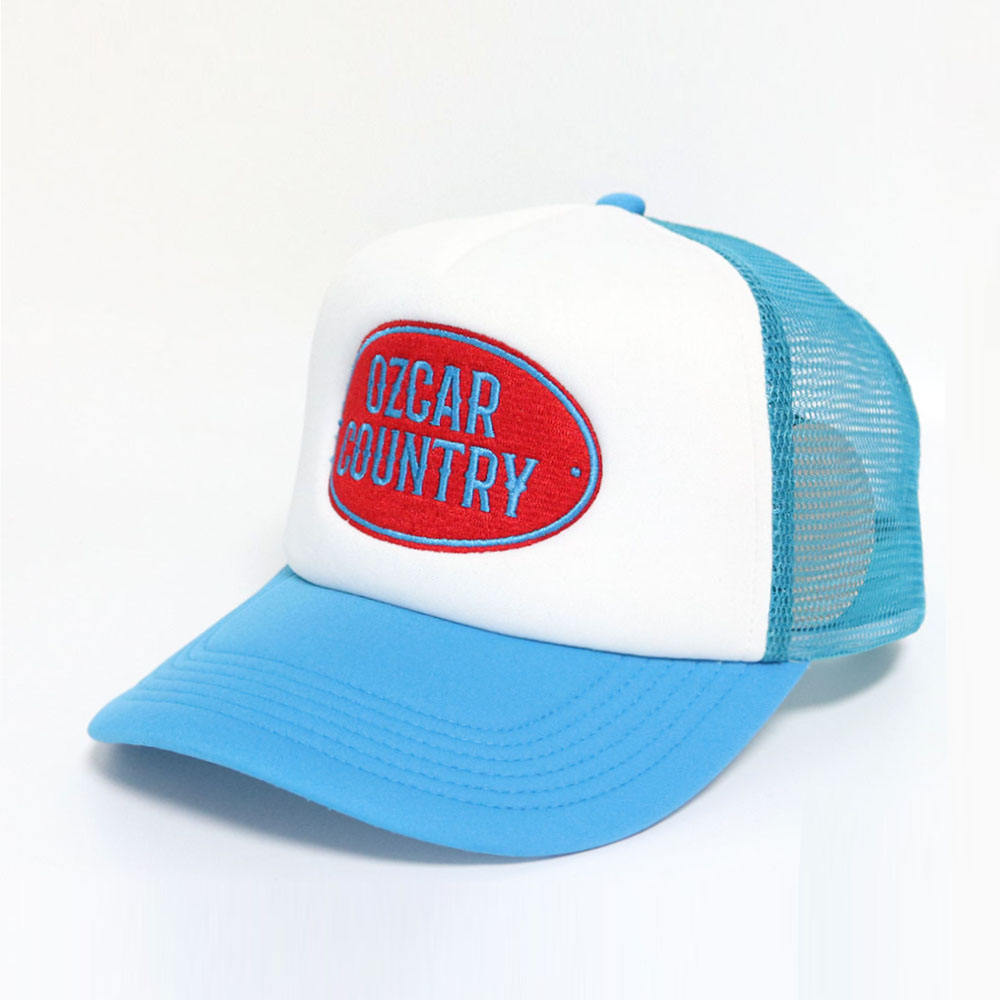 Blue White Foam Trucker Hat Oval Patch Embroidered Logo Mesh Back Cap