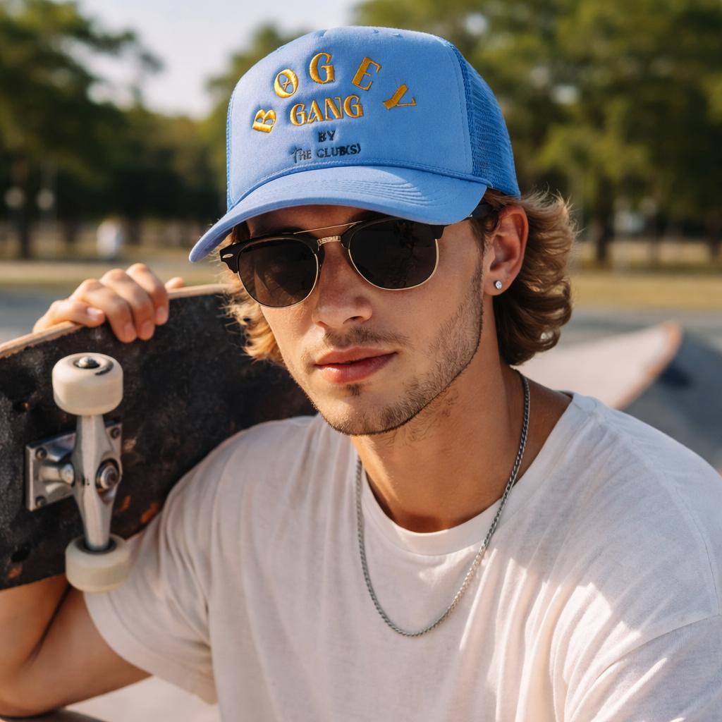 Blue BOGEY GANG Embroidered Mesh Trucker Hat with Curved Brim