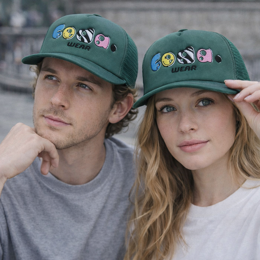 Green 5-Panel Foam Trucker Hat with Colorful Flat Embroidered Logo