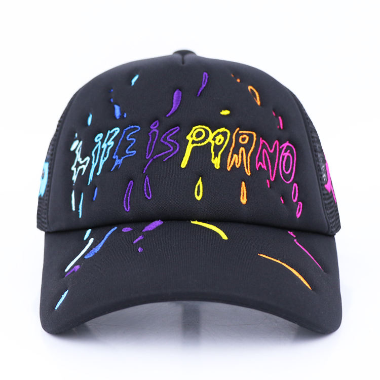 Black 5 Panel Foam Trucker Hat with Colorful Flat Embroidery Graphic Design