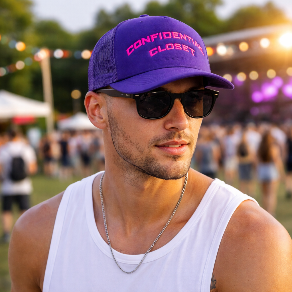 Purple Mesh Trucker Cap with Embroidered Lettering