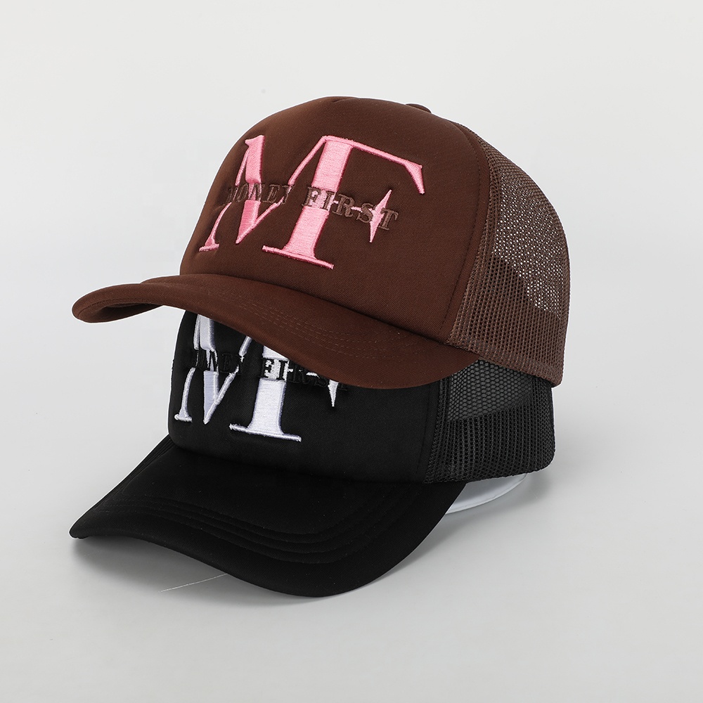 MT Name First Brown & Black 5-Panel Mesh Trucker Hat with Flat Embroidery