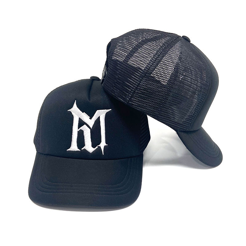 Black M Logo 5 Panel Foam Trucker Cap with Flat Embroidery