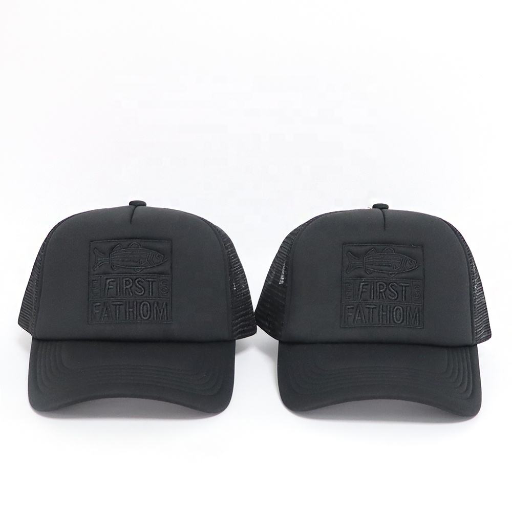 Black Foam Mesh Trucker Hat with Tonal Fish Patch Embroidery