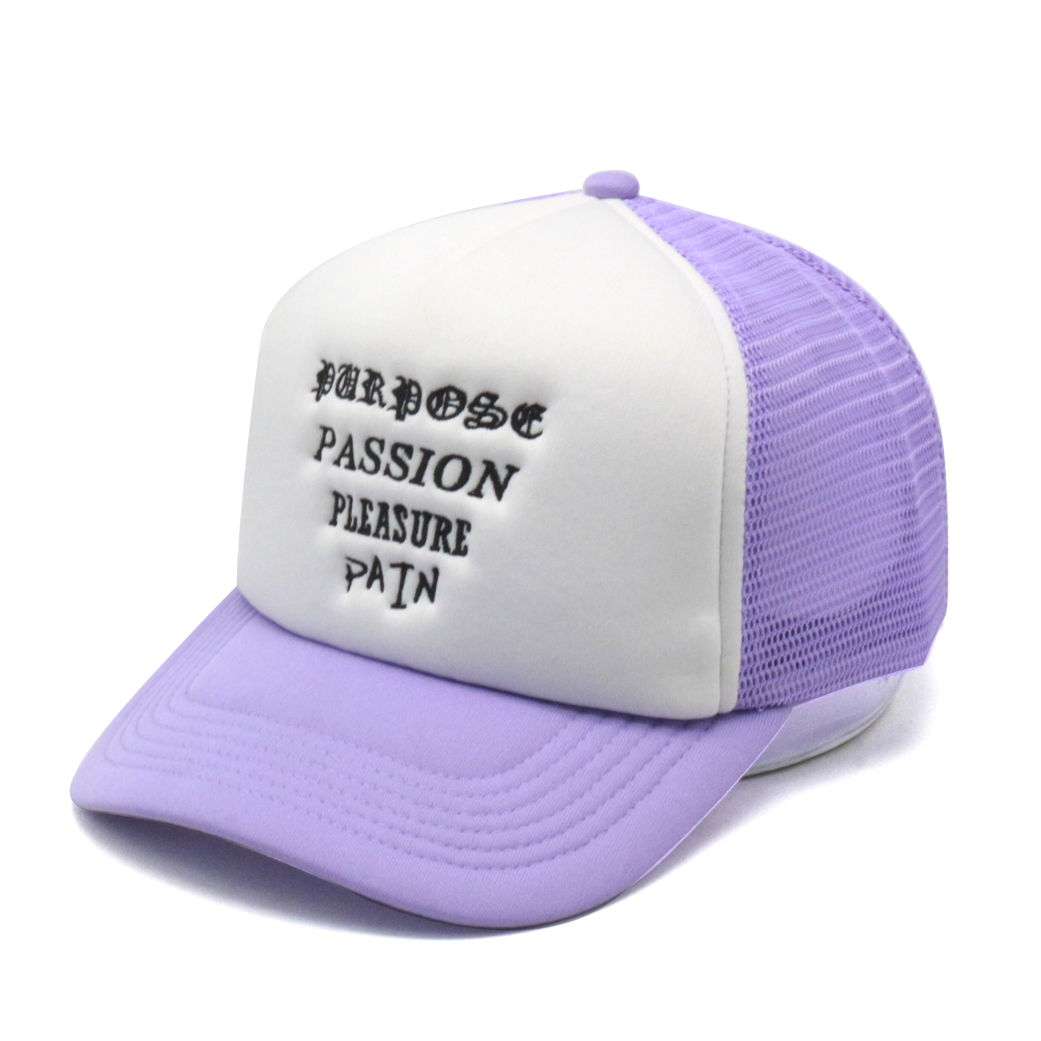 Purple & White Foam Trucker Hat with Flat Embroidered Text