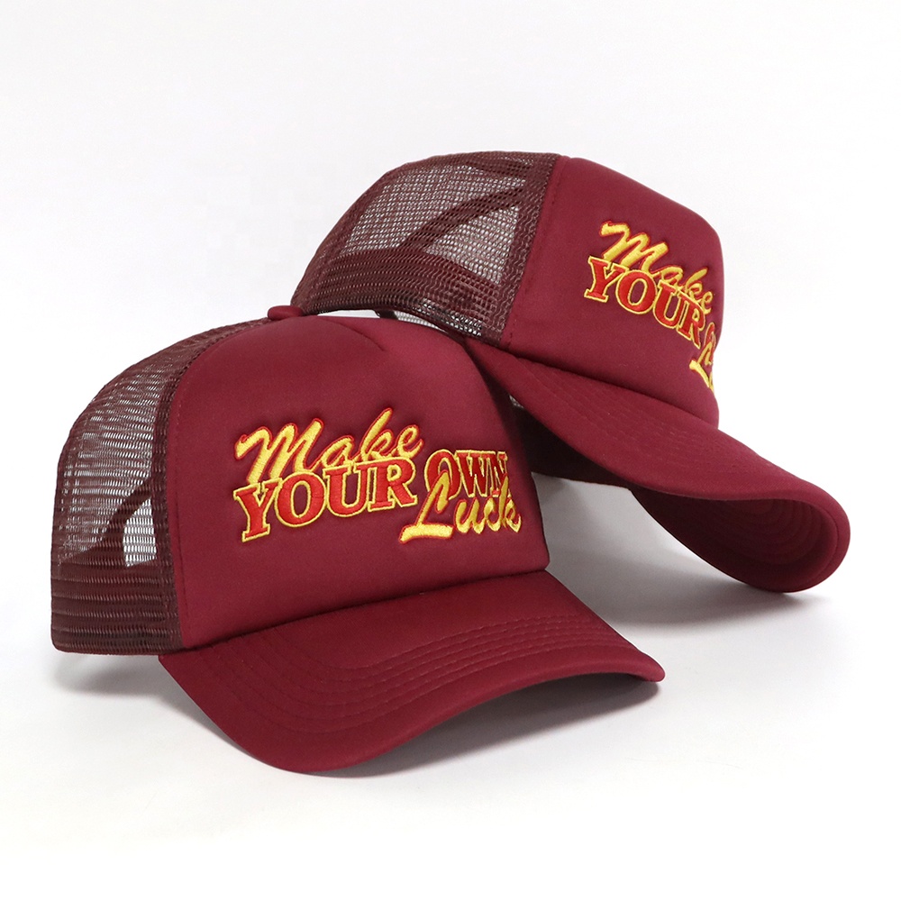 Burgundy Mesh-Back Trucker Cap with Raised Make Your Own Luck Embroidery