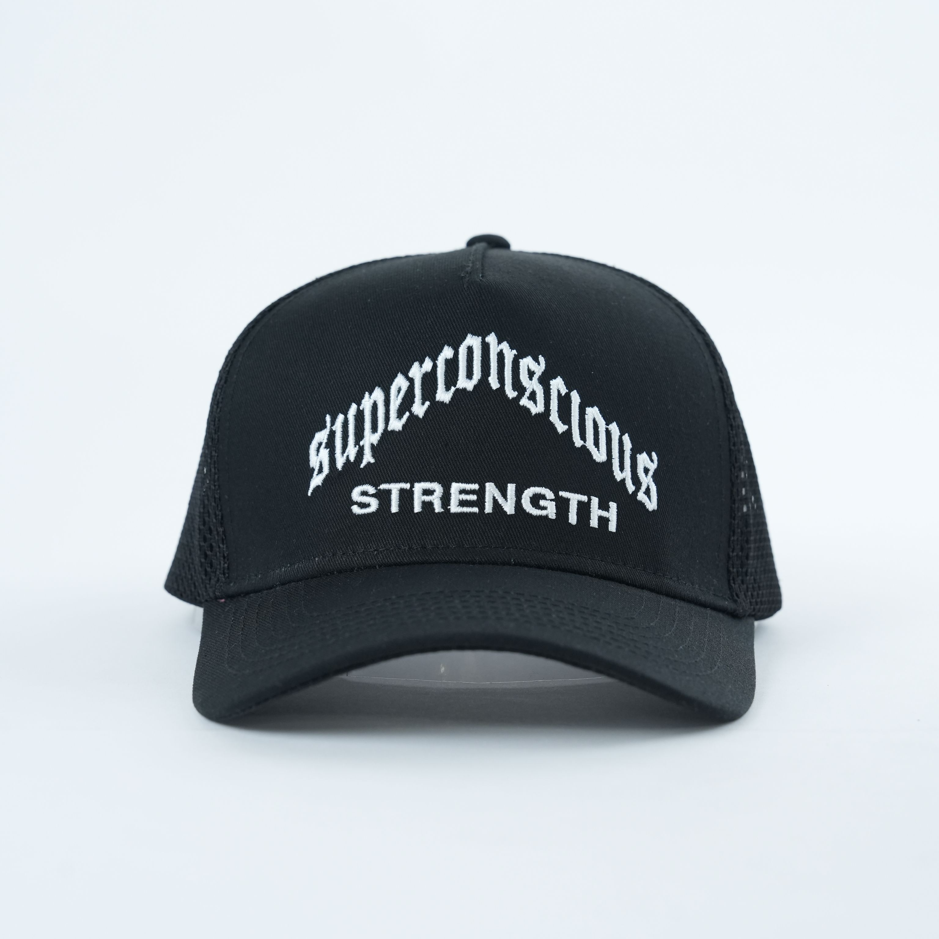 Black Mesh Trucker Hat with White Strength Embroidery