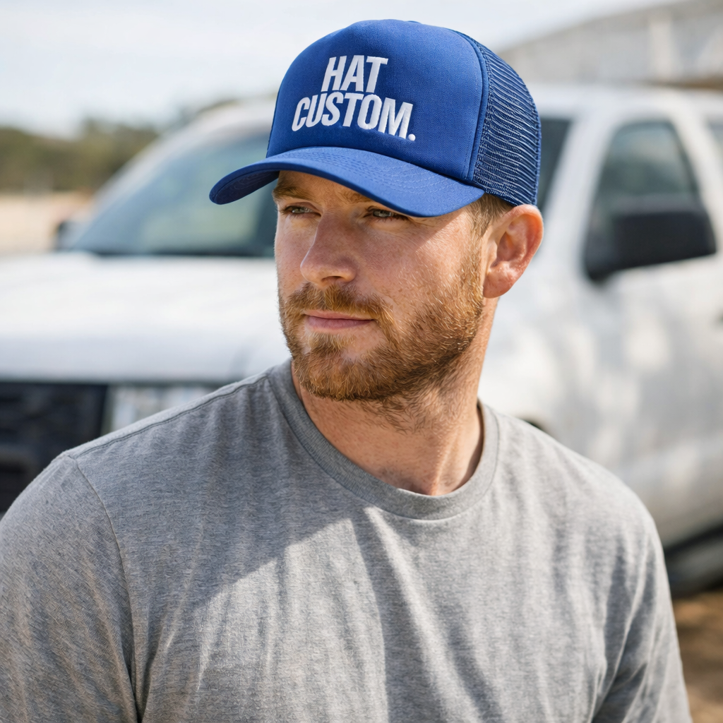 Bold Letter Foam Trucker Hat with Mesh Back – Black & Blue Color Options