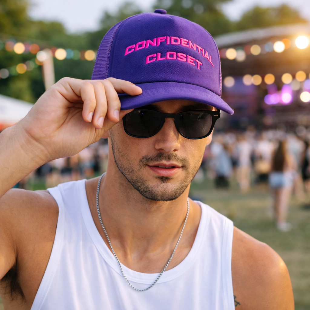Purple Mesh Trucker Cap with Embroidered Lettering