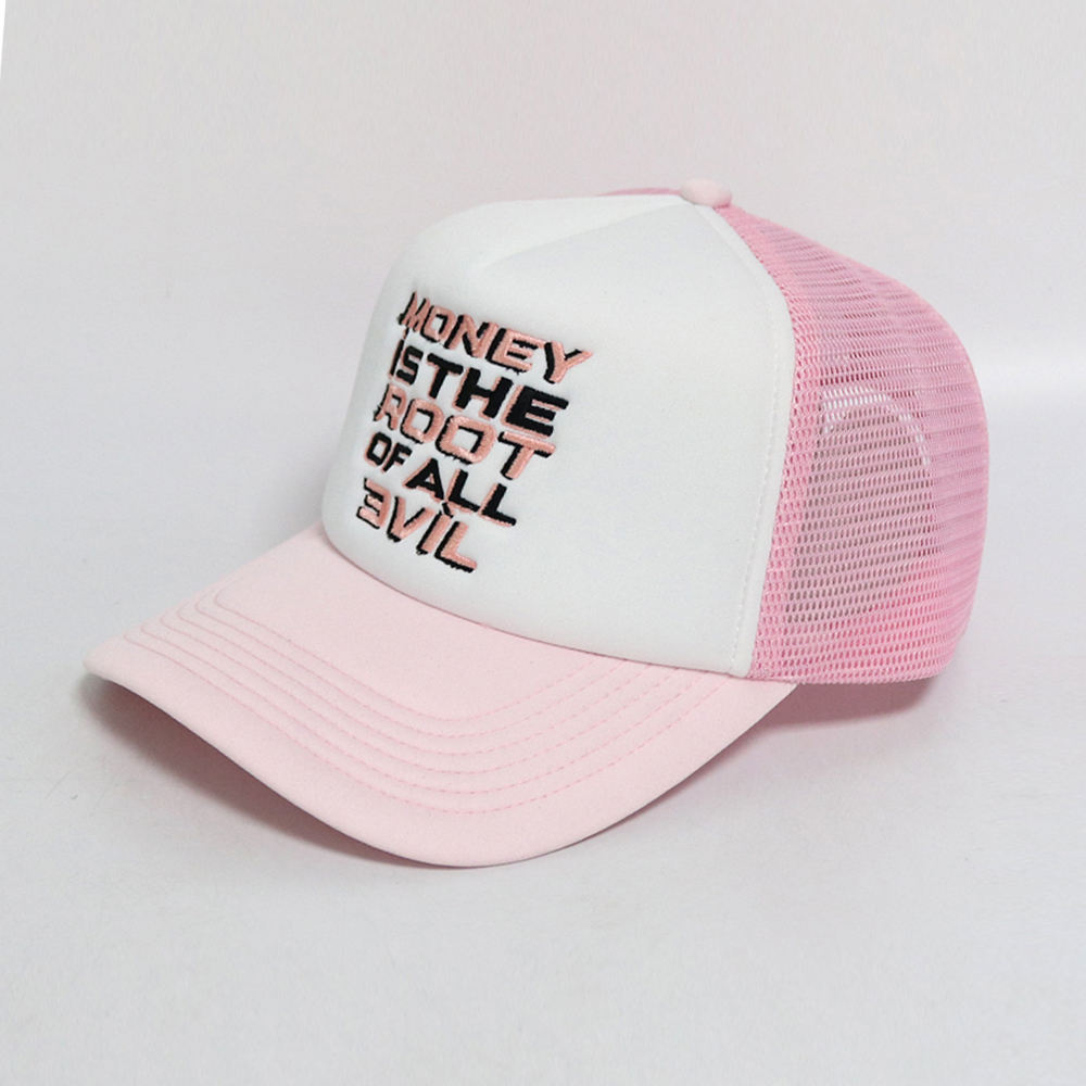 Pink and White Slogan Embroidered Mesh Trucker Cap