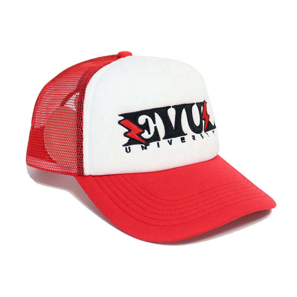 Red and White Foam Trucker Hat with Bold University Embroidery