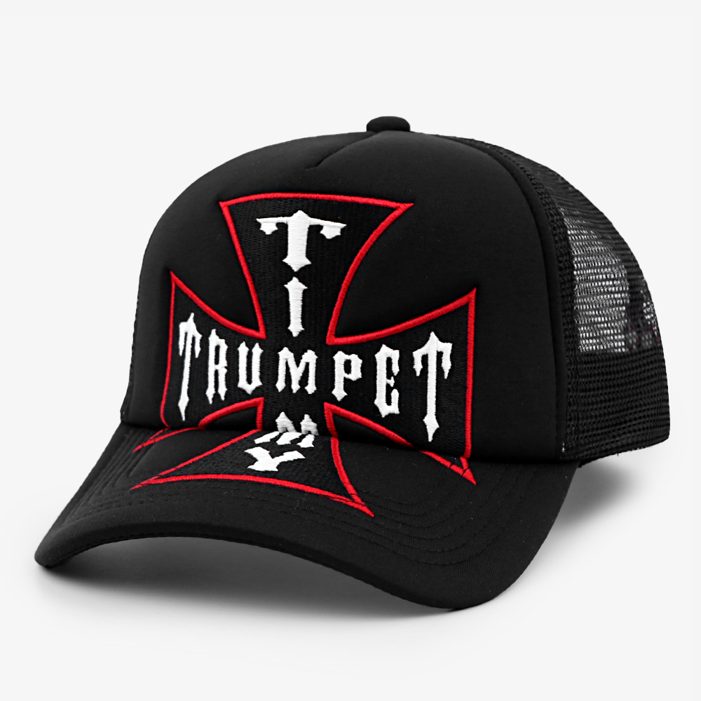 Black Trumpet Cross Embroidered Five-Panel Mesh Trucker Cap