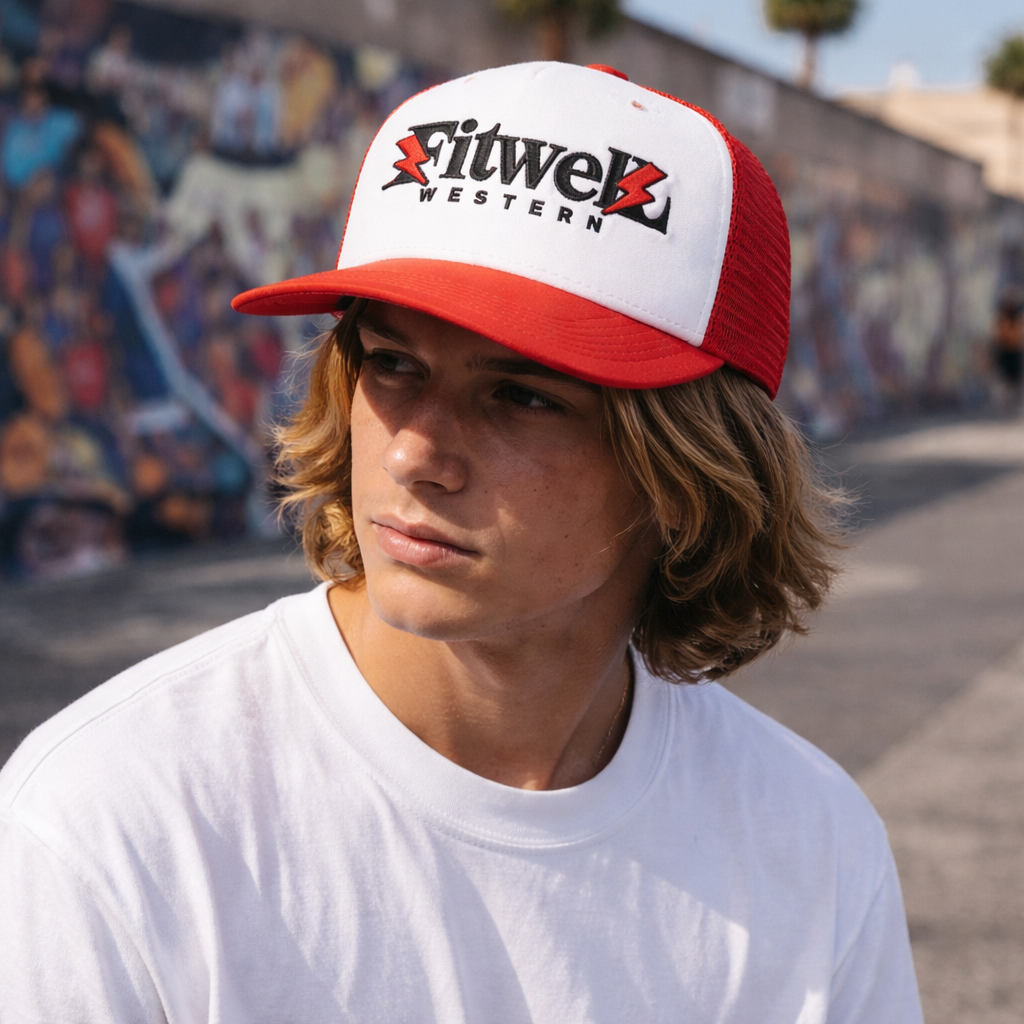 Red and White Foam Trucker Hat with Bold University Embroidery