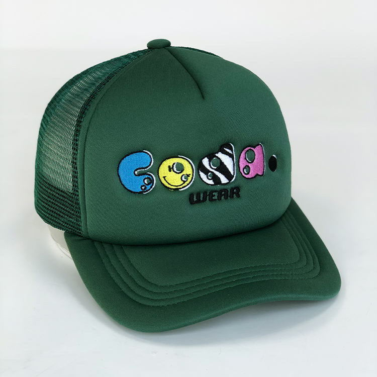 Green 5-Panel Foam Trucker Hat with Colorful Flat Embroidered Logo