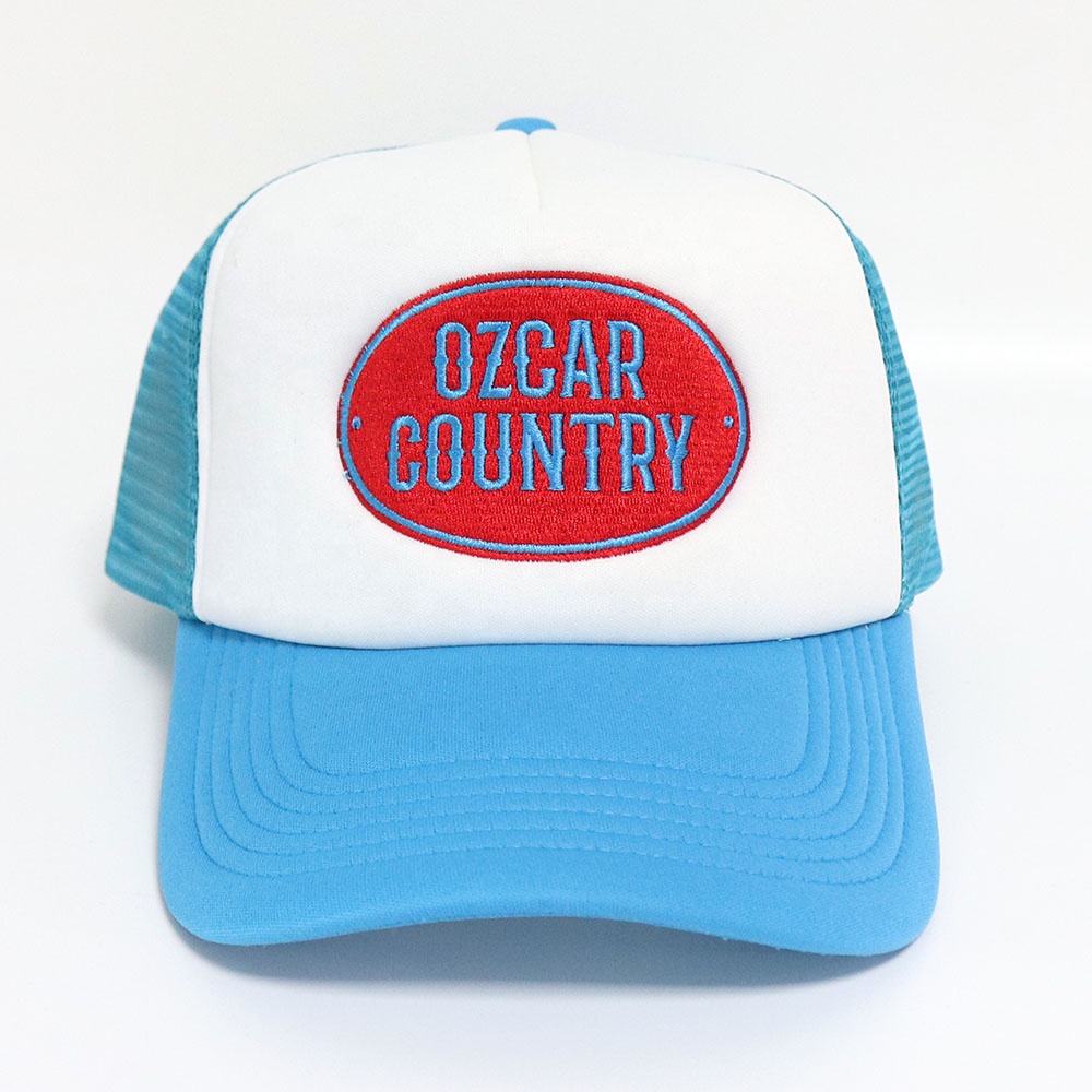 Blue White Foam Trucker Hat Oval Patch Embroidered Logo Mesh Back Cap
