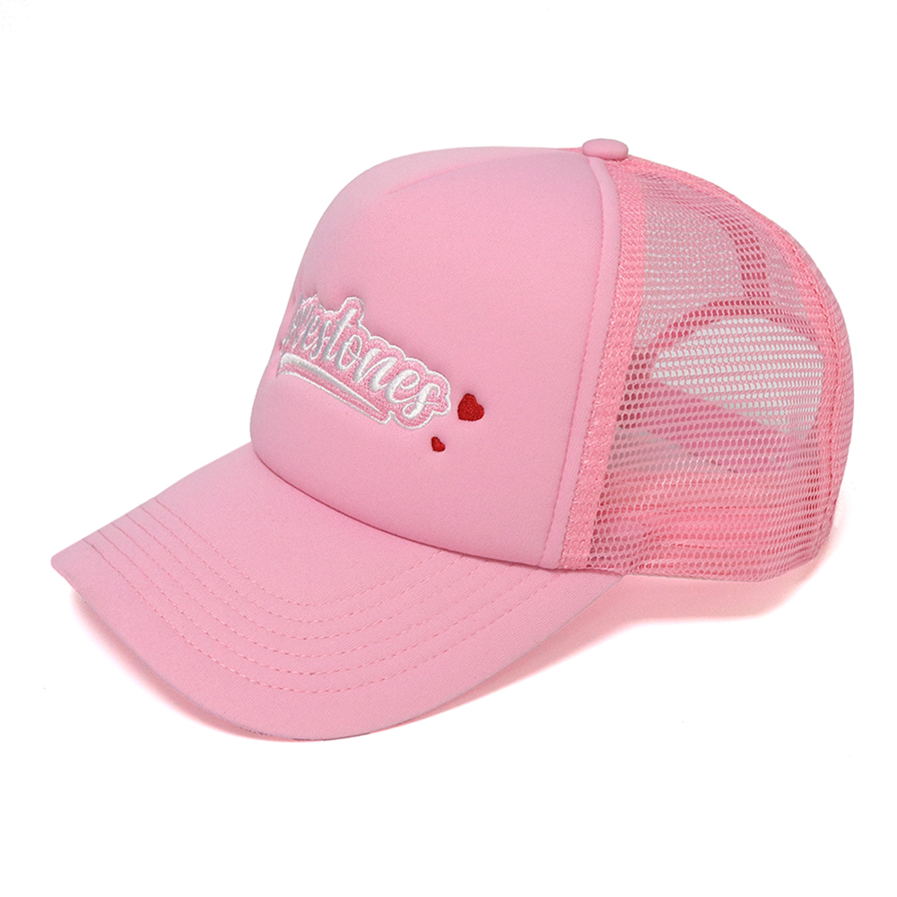 Pink Foam Trucker Hat with Love Letter Embroidery Mesh Back Snapback Cap