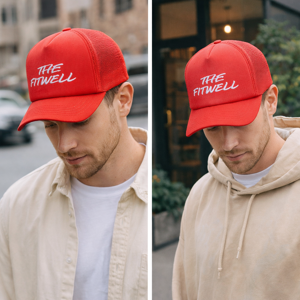 Red Mesh Trucker Cap with White Script Logo