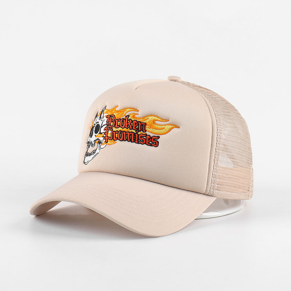 Skull Flame Embroidered Foam Mesh Trucker Cap