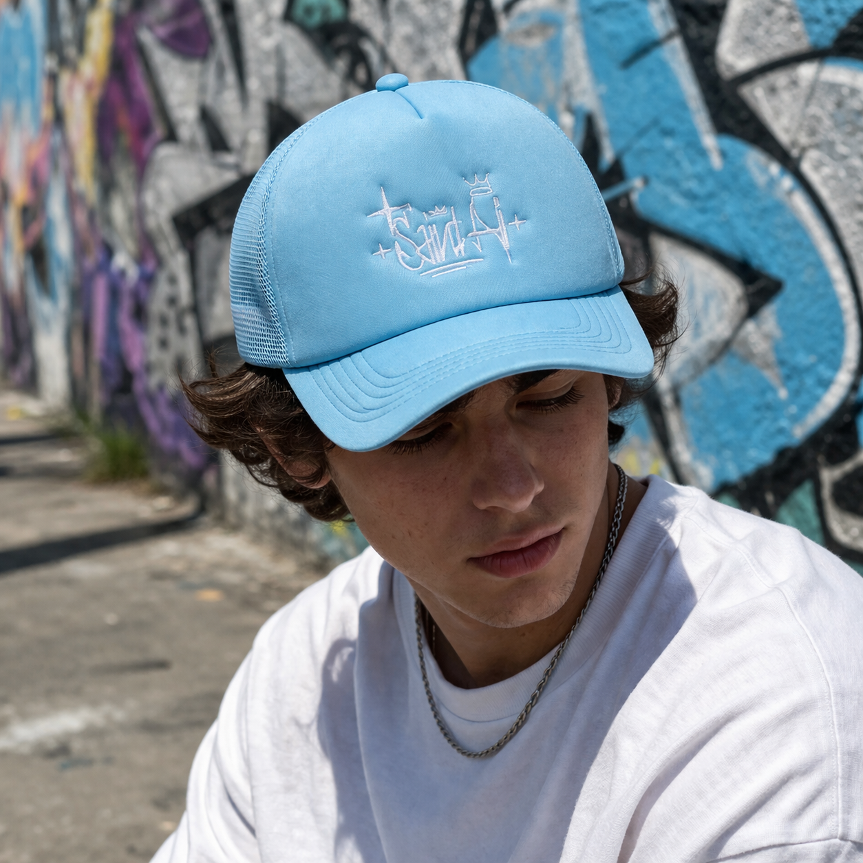 Sky Blue Foam Trucker Cap with Flat Embroidered Script Logo