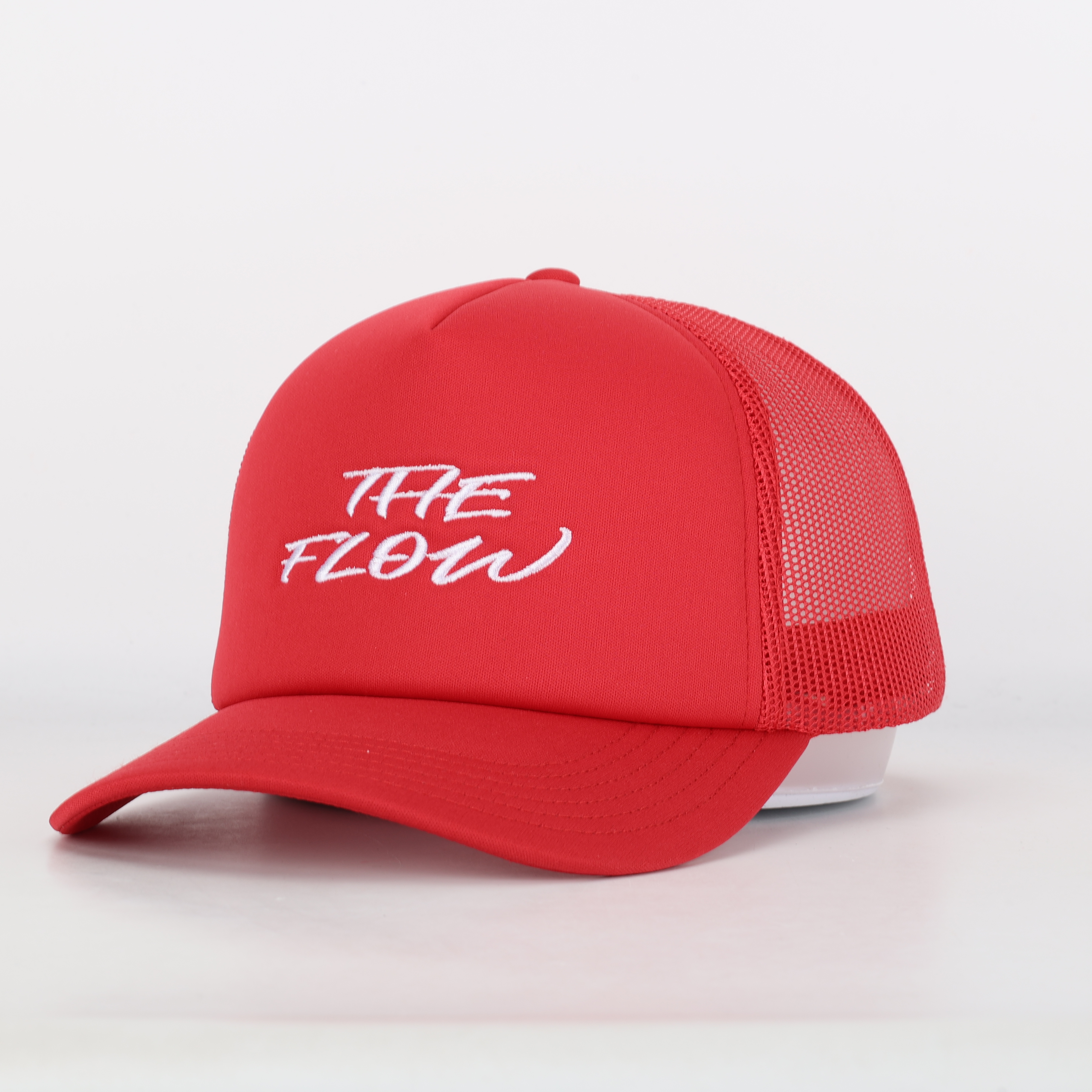 Red Mesh Trucker Cap with White Script Logo
