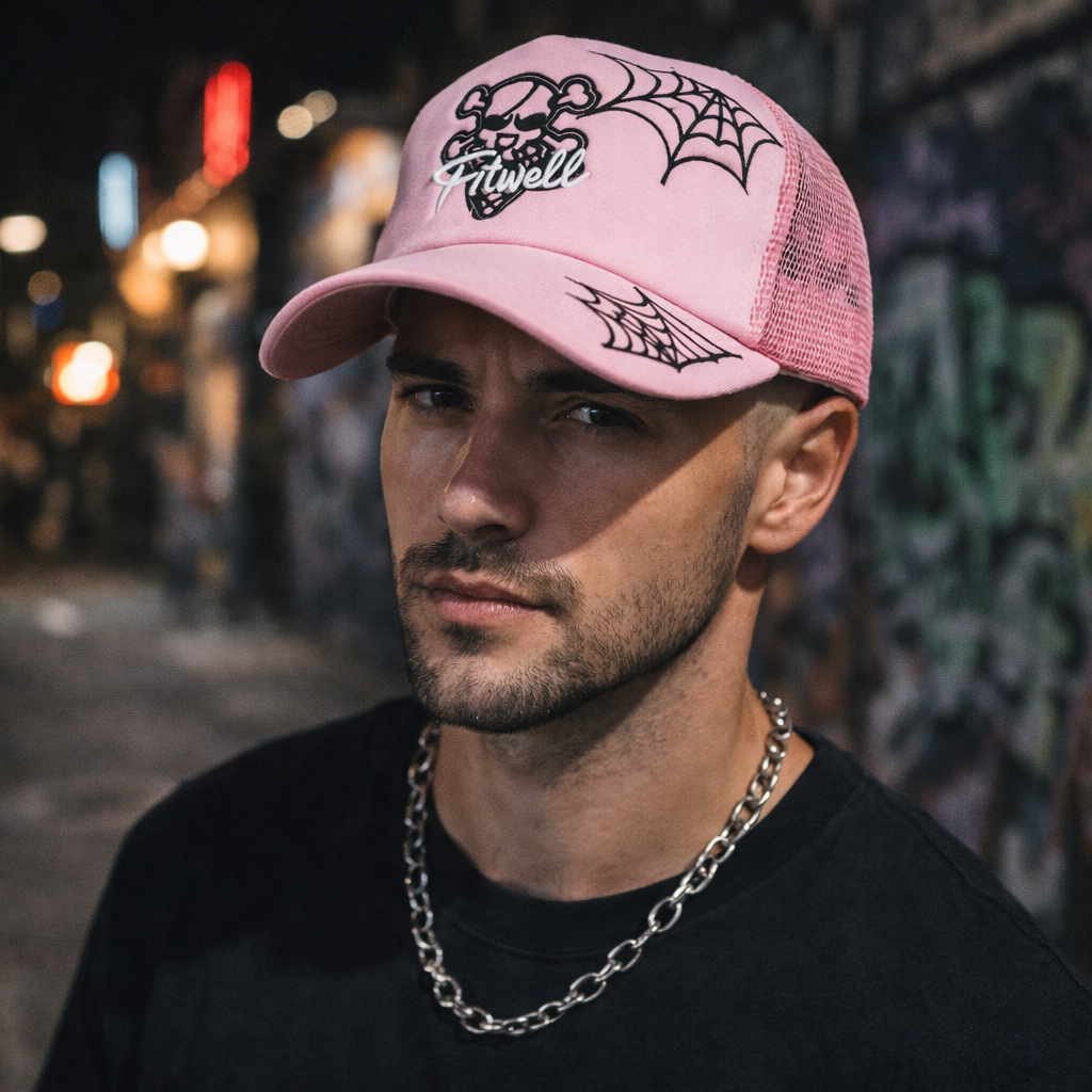 Pink and Khaki Skull Spider Web Mesh Trucker Cap