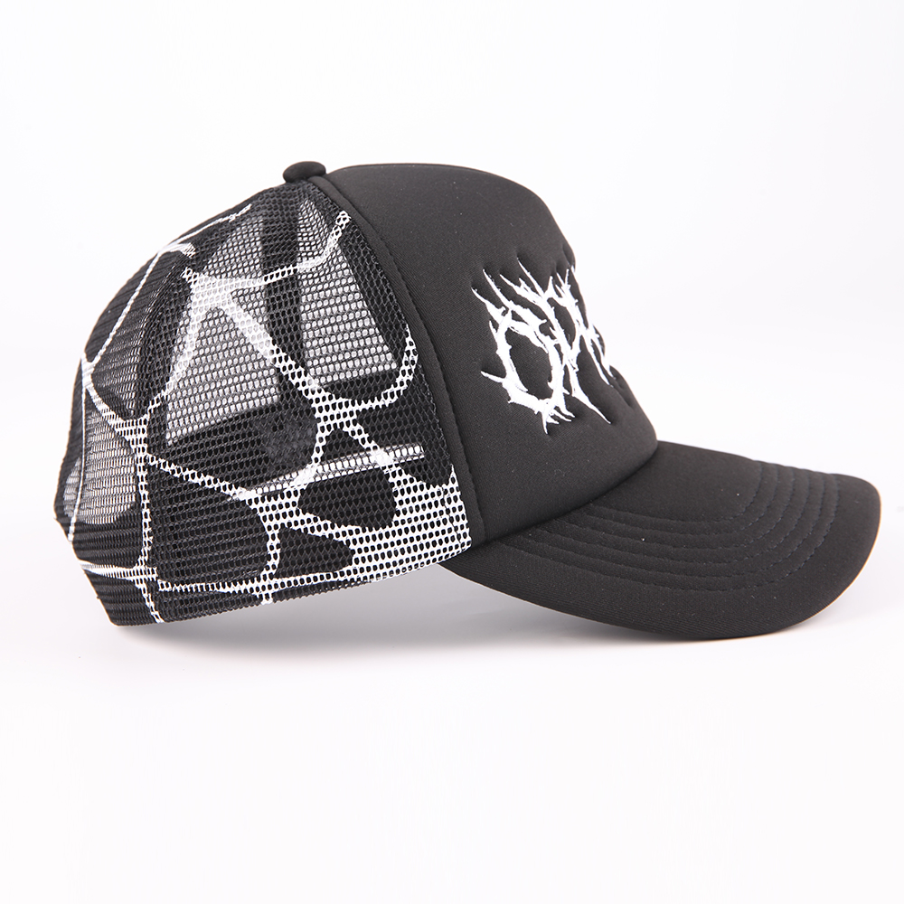 Black and White Foam Trucker Hat with Gothic Embroidered Logo and Mesh Back Design